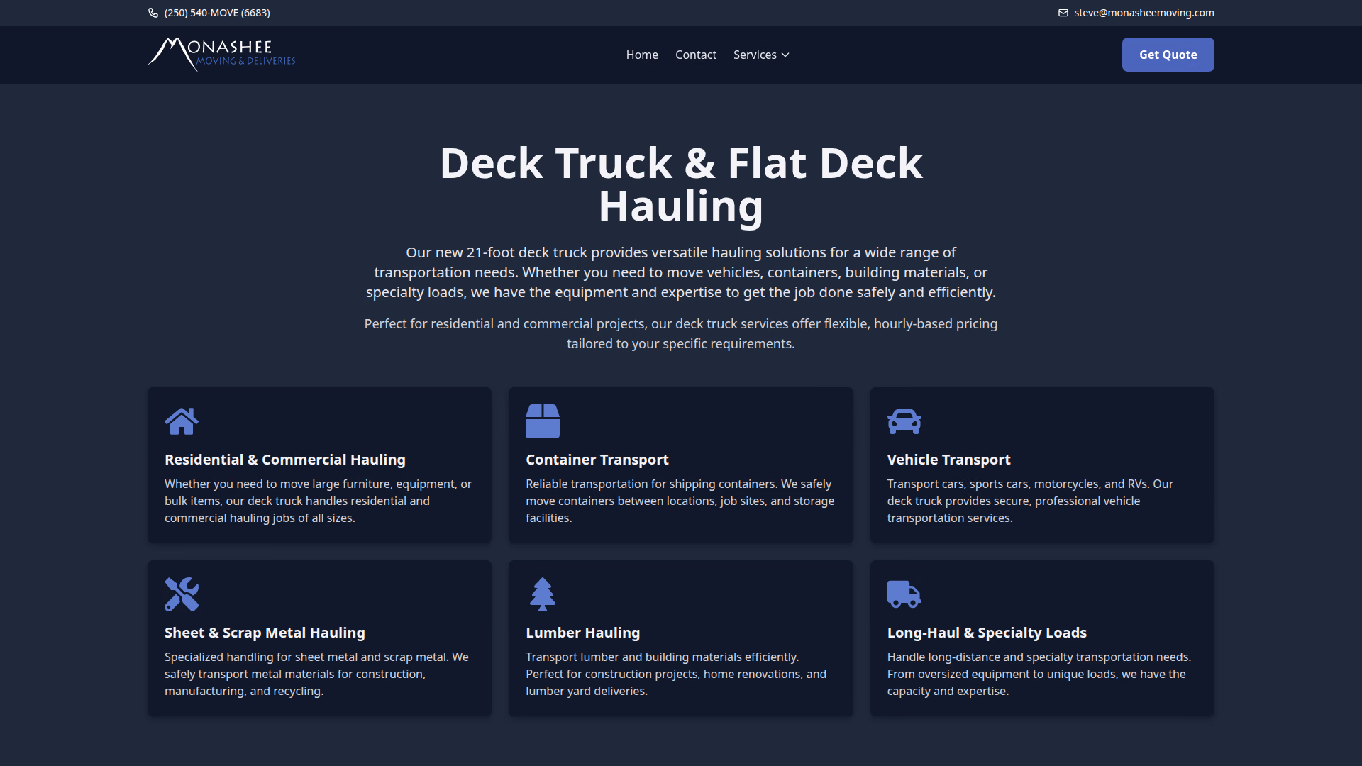 Monashee Moving & Deliveries deck truck services page (desktop)